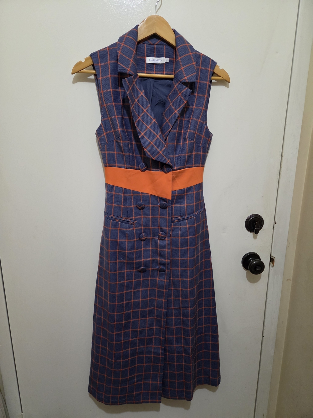 Bellenista Sleeveless Blue and Orange Windowpane Midi Dress W/Orange Waist Band